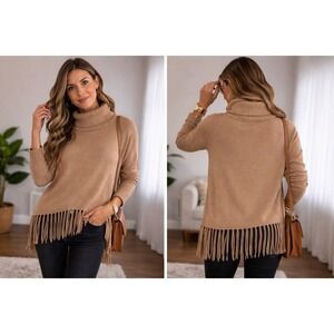 Michael Kors Fringe Turtleneck Sweater Tan Knit Boho Womens L